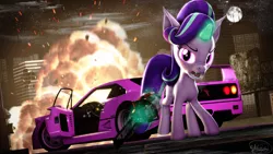 Size: 3840x2160 | Tagged: safe, artist:whiteskyline, derpibooru import, starlight glimmer, bat pony, pony, the ending of the end, chainsaw, city, explosion, female, ferrari f40, looking at you, moon, solo, starlight glimmer in places she shouldn't be