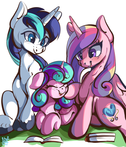 Size: 1864x2180 | Tagged: safe, artist:tohupo, derpibooru import, princess cadance, princess flurry heart, shining armor, alicorn, pony, unicorn, book, cute, cutedance, family, female, filly, flurrybetes, happy, male, mare, older, older flurry heart, shining adorable, simple background, stallion, trio, white background