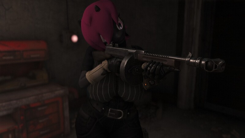Size: 1360x768 | Tagged: questionable, artist:defector, derpibooru import, oc, oc:ethereal void, alicorn, anthro, 3d, alicorn oc, anthro oc, big breasts, breasts, detective, fallout, fallout 4, female, game mod, gun, horn, image, jpeg, solo, solo female, submachine gun, thompson submachine gun, weapon, wide hips, wings