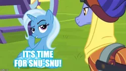 Size: 800x450 | Tagged: safe, derpibooru import, edit, edited screencap, screencap, hoo'far, trixie, pony, road to friendship, caption, female, image macro, implied sex, male, meme, shipping, snu-snu, straight, text, trixfar, trixie yells at everything