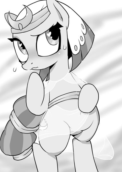 Size: 1700x2400 | Tagged: safe, artist:k-nattoh, derpibooru import, somnambula, pegasus, pony, belly, belly button, bipedal, cute, female, mare, monochrome, shy, solo, standing, wingding eyes