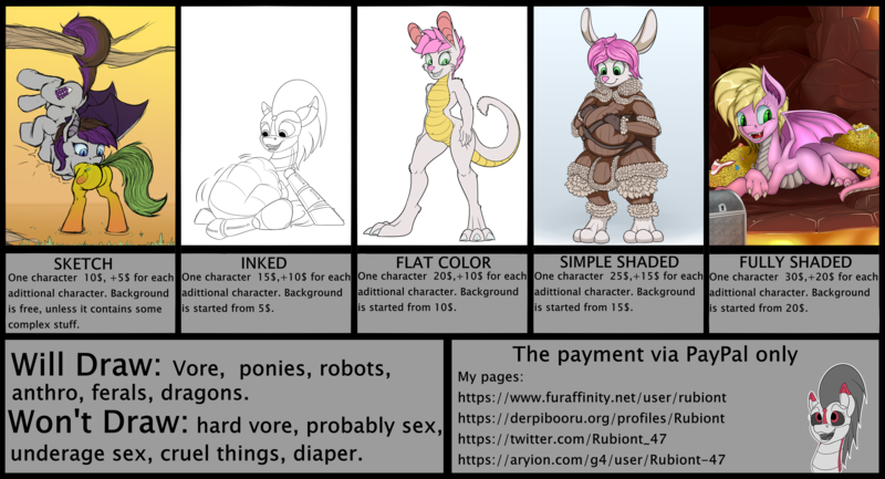 Size: 2770x1500 | Tagged: questionable, artist:rubiont, derpibooru import, anthro, dragon, pony, advertisement, colored, commission, commission info, emergency commission, fetish, fully shaded, inked, paypal, price list, price sheet, price tag, prices, sketch, vore