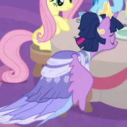 Size: 700x700 | Tagged: safe, derpibooru import, screencap, fluttershy, rainbow dash, twilight sparkle, twilight sparkle (alicorn), alicorn, pony, the last problem, clothes, coronation dress, cropped, crown, dress, jewelry, regalia, second coronation dress