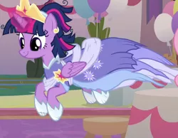 Size: 900x700 | Tagged: safe, derpibooru import, screencap, twilight sparkle, twilight sparkle (alicorn), alicorn, pony, the last problem, balloon, clothes, coronation dress, cropped, crown, dress, hoof shoes, jewelry, jumping, majestic as fuck, messy mane, regalia, second coronation dress, solo