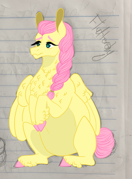 Size: 1749x2368 | Tagged: safe, artist:lunarainbowfarts, derpibooru import, fluttershy, pegasus, pony, chest fluff, colored hooves, feathered fetlocks, female, lined paper, mare, preggoshy, pregnant, sitting, unshorn fetlocks