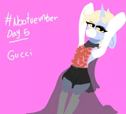 Size: 1640x1480 | Tagged: safe, artist:nootaz, derpibooru import, oc, oc:nootaz, ponified, unofficial characters only, pony, semi-anthro, unicorn, bedroom eyes, clothes, dress, female, floppy ears, gucci, jojo pose, jojo's bizarre adventure, looking at you, mare, nootvember, nootvember 2019, pink background, simple background, solo