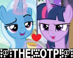 Size: 2896x2320 | Tagged: safe, derpibooru import, edit, edited screencap, screencap, trixie, twilight sparkle, twilight sparkle (alicorn), alicorn, pony, unicorn, female, lesbian, meme, otp, shipping, shipping domino, twixie