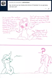 Size: 1276x1920 | Tagged: safe, artist:asklustiedawn, artist:edhelistar, derpibooru import, luster dawn, ocellus, changedling, changeling, pony, unicorn, tumblr:ask luster dawn, the last problem, ..., ask, awww, confused, dialogue, female, frog (hoof), lineart, looking at each other, looking at you, mare, mixed media, older, older ocellus, ponytail, question mark, talking to viewer, text, tumblr, underhoof