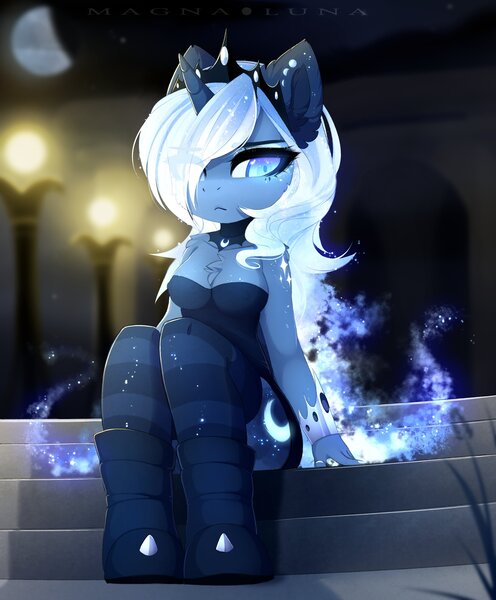 Size: 3000x3632 | Tagged: suggestive, artist:magnaluna, derpibooru import, princess luna, alicorn, anthro, alternate design, boots, bracelet, breasts, chest fluff, cleavage, cleavage fluff, clothes, crown, cutie mark, erect nipples, female, jewelry, looking at you, magic, mare, nipple outline, regalia, shoes, socks, solo, stairs, striped socks, thigh highs