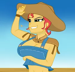 Size: 2600x2500 | Tagged: suggestive, artist:mashoart, derpibooru import, sunset shimmer, equestria girls, big breasts, breasts, busty sunset shimmer, cleavage, cowboy hat, cowgirl, female, hat, haystick, high res, sexy, solo, solo female, stetson