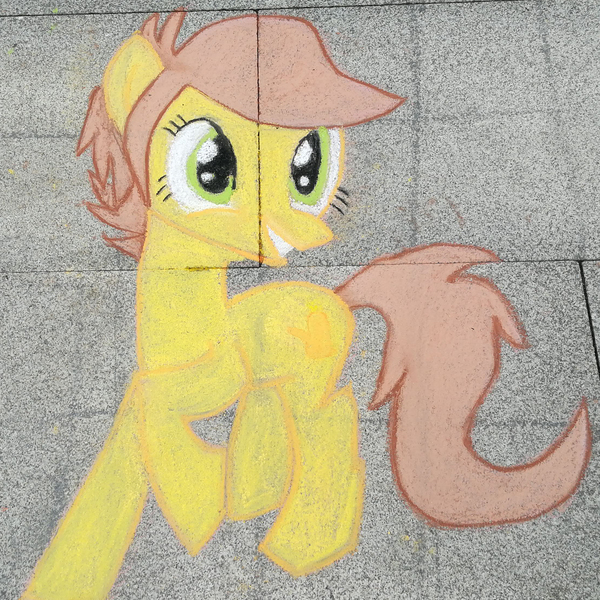 Size: 2211x2211 | Tagged: safe, artist:themisto97, artist:victorymon, derpibooru import, oc, oc:canni soda, earth pony, pony, chalk, chalk drawing, galacon, galacon 2019, german, solo, street art, traditional art