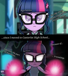 Size: 1920x2160 | Tagged: safe, artist:aryatheeditor, derpibooru import, twilight sparkle, equestria girls, clothes, crystal prep academy uniform, cutie mark, daily life, dark, element of magic, geode of telekinesis, glasses, glowing eyes, magic, magical geodes, powerful sparkle, sad, school uniform, serious, serious face, sleeveless, solo, uniform