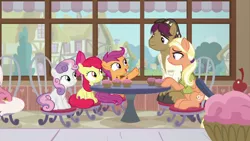 Size: 1920x1080 | Tagged: safe, derpibooru import, screencap, apple bloom, fuchsia frost, mane allgood, scootaloo, snap shutter, sweetie belle, earth pony, pegasus, pony, unicorn, the last crusade, background pony, cupcake, cutie mark crusaders, female, filly, food, friendship student, male, mare, stallion