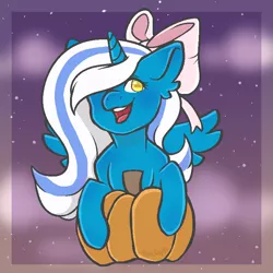 Size: 800x800 | Tagged: safe, artist:crystalsketch342, derpibooru import, oc, oc:fleurbelle, unofficial characters only, alicorn, pony, adorable face, alicorn oc, bow, cute, female, hair bow, halloween, happy, holiday, horn, mare, pumpkin, sweet, wings, yellow eyes