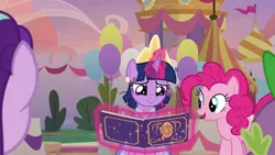 Size: 1920x1080 | Tagged: safe, derpibooru import, screencap, pinkie pie, spike, starlight glimmer, twilight sparkle, twilight sparkle (alicorn), alicorn, dragon, pony, the last problem, balloon, book, clothes, coronation dress, crown, dress, jewelry, magic, regalia, second coronation dress, winged spike