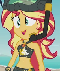 Size: 914x1080 | Tagged: safe, derpibooru import, screencap, sunset shimmer, equestria girls, equestria girls series, unsolved selfie mysteries, beach, beach babe, belly button, bikini, bikini babe, clothes, cropped, cute, diving goggles, female, geode of empathy, goggles, magical geodes, midriff, open mouth, shimmerbetes, sleeveless, smiling, snorkel, solo, summer sunset, swimsuit
