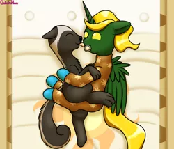 Size: 3500x3000 | Tagged: safe, artist:galacticham, derpibooru import, oc, oc:abigail the beloved skunk, oc:prince ecosis, unofficial characters only, alicorn, pony, skunk, alicorn oc, baby, baby pony, clothes, crib, horn, hug, licking, pacifier, pajamas, tongue out, wings