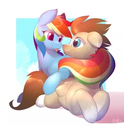 Size: 2383x2422 | Tagged: safe, artist:b-epon, derpibooru import, rainbow dash, oc, oc:skittle, pegasus, pony, canon x oc, coat markings, cute, eye contact, female, looking at each other, male, mare, prone, shipping, skidash, smiling, stallion, straight, tongue out