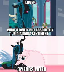 Size: 681x767 | Tagged: safe, artist:mixermike622, derpibooru import, edit, edited screencap, screencap, queen chrysalis, oc, oc:fluffle puff, changeling, changeling queen, pony, tumblr:ask fluffle puff, a canterlot wedding, a better ending for chrysalis, adorkable, alternate scenario, alternate timeline, alternate universe, canon x oc, caption, character development, chrysipuff, comic, cuddling, cute, cutealis, dialogue, dork, dorkalis, everything went better than expected, evil, eyes closed, fangs, female, good, good end, happy, hug, image macro, irony, laughing, lesbian, love, mare, mind blown, redemption, reformed, shipping, silly, silly pony, sitting, smiling, snuggling, subversion, sweet dreams fuel, talking, teeth, text, what if, wings