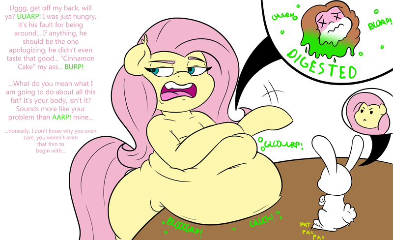 Size: 3280x2000 | Tagged: angel bunny, angel is a bunny bastard, artist:deoix, belly, belly noises, big belly, body swap, burp, casual vore, chubby, chubbyshy, dead, derpibooru import, dialogue, digestion, esophagus, fat, fattershy, female pred, fetish, flutterbitch, flutterpred, fluttershy, fluttershy is not amused, gullet, gurgling, implied death, male prey, oc, oc:cinnamon cake, open mouth, pegasus, questionable, semi-grimdark, she talks to angel, stomach bulges, stomach noise, unamused, unwilling, unwilling prey, vore, weight gain, x eyes