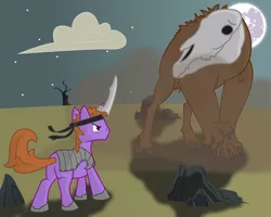 Size: 1280x1024 | Tagged: safe, artist:kalaverapastillera, derpibooru import, oc, oc:ancient writing, unofficial characters only, pony, unicorn, butt, male, monster, moon, night, plot, stallion