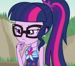 Size: 1233x1080 | Tagged: safe, derpibooru import, screencap, sci-twi, twilight sparkle, equestria girls, equestria girls series, friendship math, beach, beach babe, clothes, cropped, cute, female, geode of telekinesis, glasses, magical geodes, ponytail, sleeveless, solo, swimsuit, thinking, twiabetes
