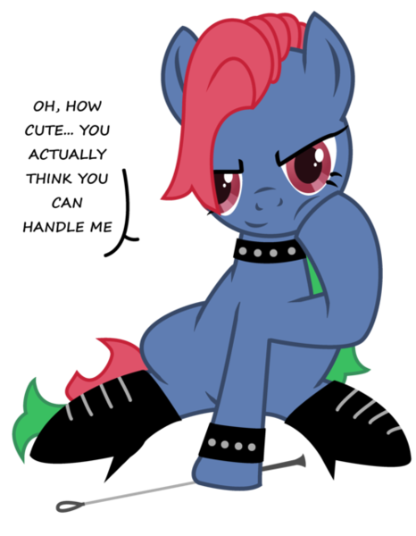 Size: 500x644 | Tagged: suggestive, artist:kalaverapastillera, derpibooru import, oc, oc:blackthorn, unofficial characters only, earth pony, pony, female, looking at you, mare, riding crop, sitting, solo, solo female