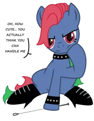 Size: 500x644 | Tagged: suggestive, artist:kalaverapastillera, derpibooru import, oc, oc:blackthorn, unofficial characters only, earth pony, pony, female, looking at you, mare, riding crop, sitting, solo, solo female