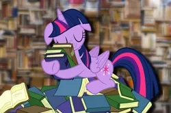 Size: 5096x3361 | Tagged: alicorn, artist:slb94, book, book nest, derpibooru import, floppy ears, princess sleeping on books, safe, solo, that pony sure does love books, twilight sparkle, twilight sparkle (alicorn), wallpaper