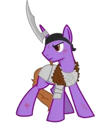 Size: 1280x1493 | Tagged: safe, artist:kalaverapastillera, derpibooru import, oc, oc:ancient writing, unofficial characters only, pony, unicorn, cut, horn blade, male, solo, stallion, weapon