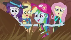 Size: 1920x1080 | Tagged: safe, derpibooru import, screencap, applejack, fluttershy, rainbow dash, rarity, aww... baby turtles, equestria girls, equestria girls series, baseball cap, cap, cute, dashabetes, dawwww, female, geode of fauna, geode of shielding, geode of super speed, geode of super strength, hat, jackabetes, magical geodes, quartet, raribetes, shyabetes, smiling, sun hat, wetsuit