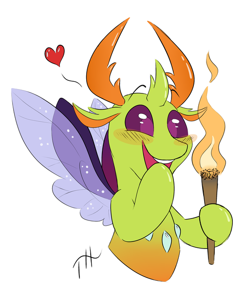 Size: 2249x2664 | Tagged: 30 minute art challenge, artist:fakskis, behaving like a moth, blushing, bugs doing bug things, changedling, changeling, cute, derpibooru import, excited, fire, happy, heart, high res, king thorax, safe, signature, simple background, solo, this will end in pain, this will end in tears, thorabetes, thorax, torch, white background