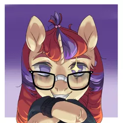 Size: 5000x5000 | Tagged: safe, artist:shininglovelystar, derpibooru import, moondancer, pony, crossed hooves, eye glint, grin, looking at you, purple background, simple background, smiling, solo