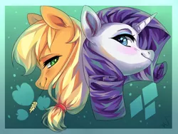 Size: 1600x1200 | Tagged: safe, artist:shininglovelystar, derpibooru import, applejack, rarity, earth pony, pony, unicorn, back to back, blushing, bust, cutie mark, duo, female, friendshipping, gradient background, hay stalk, mare, portrait, signature, simple background, smiling, straw in mouth