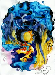 Size: 2492x3420 | Tagged: safe, artist:artmadebyred, derpibooru import, princess celestia, princess luna, pony, alternate design, ethereal mane, eye markings, mirrored, moon, royal sisters, signature, sun, traditional art, watercolor painting, yin-yang