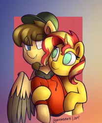 Size: 1194x1438 | Tagged: safe, artist:perezadotarts, derpibooru import, sunset shimmer, oc, pegasus, pony, unicorn, canon x oc, clothes, eye clipping through hair, hat, jacket, request, requested art, shipping, simple background, smiling