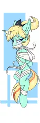 Size: 640x1920 | Tagged: suggestive, artist:ravistdash, derpibooru import, oc, oc:diamonody, unofficial characters only, pony, unicorn, arm behind back, bandage, bondage, female, gag, tape, tape gag