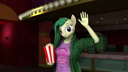 Size: 1920x1080 | Tagged: safe, artist:thatgodawfulpinkthing, derpibooru import, oc, oc:cucumbersalad, anthro, earth pony, 3d, female, food, lobby, popcorn, solo, source filmmaker, theater