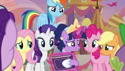 Size: 1920x1080 | Tagged: safe, derpibooru import, screencap, applejack, fluttershy, pinkie pie, rainbow dash, rarity, spike, starlight glimmer, twilight sparkle, twilight sparkle (alicorn), alicorn, dragon, pony, the last problem, book, clothes, coronation dress, crown, dress, jewelry, magic, mane seven, mane six, regalia, second coronation dress, winged spike