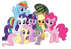 Size: 1164x800 | Tagged: alicorn, applejack, derpibooru import, edit, fluttershy, mane seven, mane six, monster, oscar the grouch, photoshop, pinkie pie, rainbow dash, rarity, safe, simple background, spike, trash can, twilight sparkle, twilight sparkle (alicorn), white background