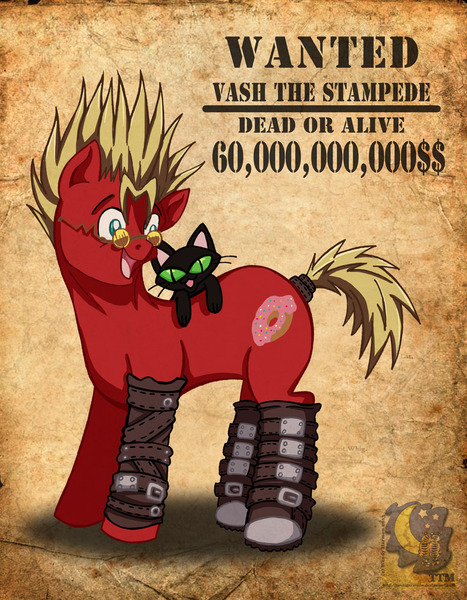 Size: 778x1000 | Tagged: safe, artist:twotigermoon, derpibooru import, ponified, cat, earth pony, pony, anime, glasses, open mouth, trigun, vash the stampede, wanted poster