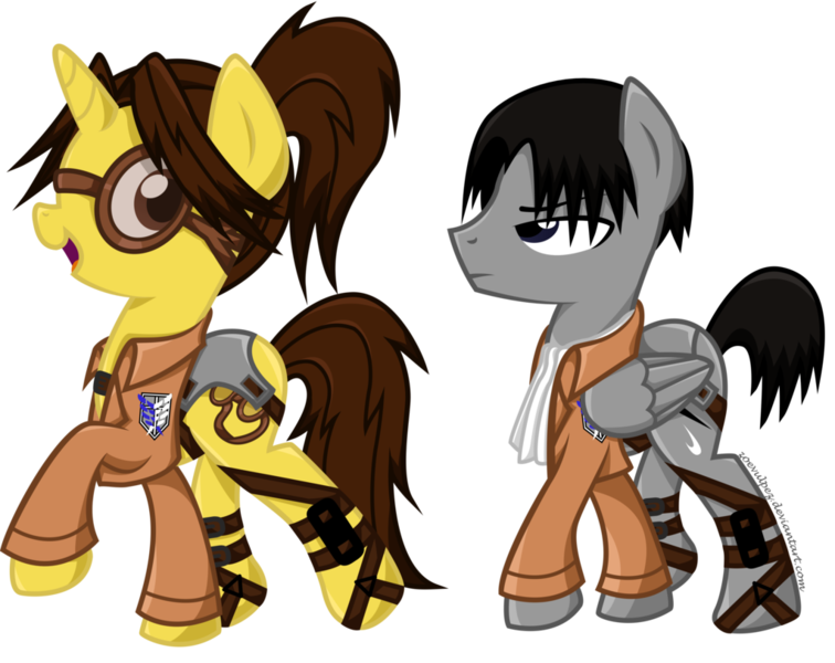 Size: 1024x813 | Tagged: safe, artist:zoevulpez, derpibooru import, ponified, pony, attack on titan, hanji zoe, levi ackerman