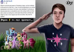 Size: 1280x905 | Tagged: alicorn, applejack, artist:arkhat, clothes, derpibooru import, fluttershy, friendship forever, human, mane seven, mane six, pinkie pie, press f to pay respects, rainbow dash, rarity, safe, salute, shirt, spike, twilight sparkle, twilight sparkle (alicorn)