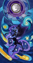 Size: 1600x3045 | Tagged: safe, artist:kanochka, derpibooru import, nightmare moon, alicorn, pony, ethereal mane, female, full moon, mare, mare in the moon, moon, rearing, shooting star, stained glass, stained glass window, starry mane