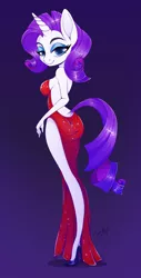 Size: 600x1180 | Tagged: suggestive, artist:twistedcarrot, derpibooru import, rarity, anthro, unguligrade anthro, unicorn, bedroom eyes, breasts, clothes, dock, dress, female, high heels, jessica rabbit, jessica rabbit dress, looking at you, looking back, looking back at you, mare, open-back dress, rear view, red, red dress, shoes, side slit, solo, solo female