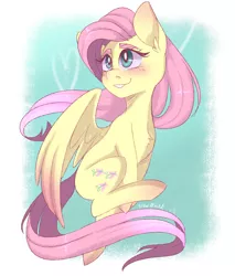 Size: 1700x2000 | Tagged: safe, artist:silbersternenlicht, derpibooru import, fluttershy, pegasus, pony, blushing, cute, digital art, female, grin, looking away, mare, shyabetes, smiling, smooth lines, solo, spread wings, wings