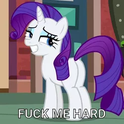 Size: 500x500 | Tagged: suggestive, derpibooru import, edit, edited screencap, screencap, rarity, pony, unicorn, the gift of the maud pie, bedroom eyes, butt, caption, cropped, female, fuck me hard, image macro, implied sex, looking back, mare, missing cutie mark, my little pony after dark, outtakes, plot, smiling, solo, solo female, tabitha st. germain, text, voice actor, vulgar