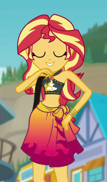 Size: 586x1000 | Tagged: safe, derpibooru import, screencap, sunset shimmer, equestria girls, equestria girls series, forgotten friendship, adorasexy, beach, belly button, bikini, bikini babe, bikini top, blurred background, building, clothes, cropped, cute, eyes closed, female, forest background, geode of empathy, jewelry, legs, magical geodes, midriff, necklace, outdoors, pose, sarong, sexy, shimmerbetes, shoulder bag, sky, sleeveless, smiling, solo, sun, sunset selfie, swimsuit, tomboy, wristband