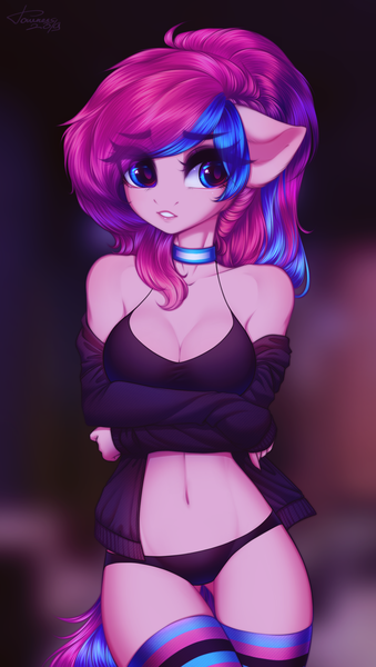 Size: 1392x2465 | Tagged: anthro, anthro oc, artist:tomness, breasts, cleavage, clothes, collar, commission, derpibooru import, female, hoodie, oc, oc:panda shade, socks, solo, solo female, striped socks, suggestive, underwear, unofficial characters only, ych result