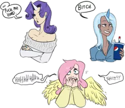 Size: 1280x1106 | Tagged: artist:slightly-gay-pogohammer, bitch, blushing, clothes, derpibooru import, drink, ear piercing, earring, female, fluttershy, fuck me hard, horn, horned humanization, human, humanized, jewelry, leak, lipstick, my little pony after dark, nail polish, one eye closed, outtakes, pepsi, piercing, rarity, ring, simple background, soda, straw, suggestive, sweat, sweater, sweatershy, transparent background, trixie, vulgar, winged humanization, wings